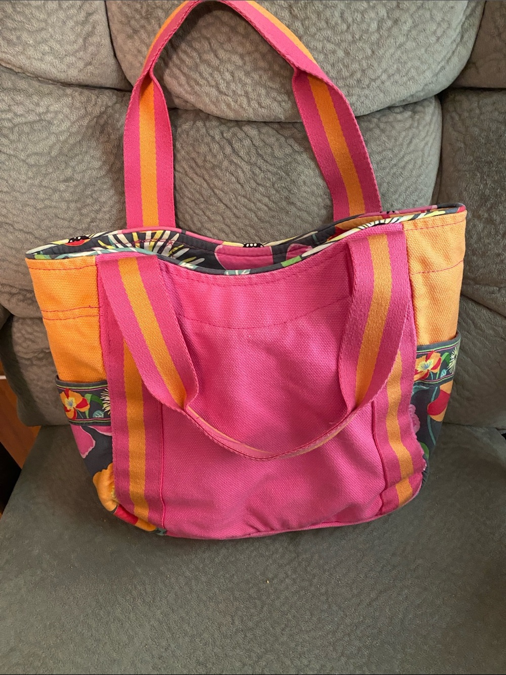 Vera Bradley Pink and Orange Canvas Tote with Floral Trim